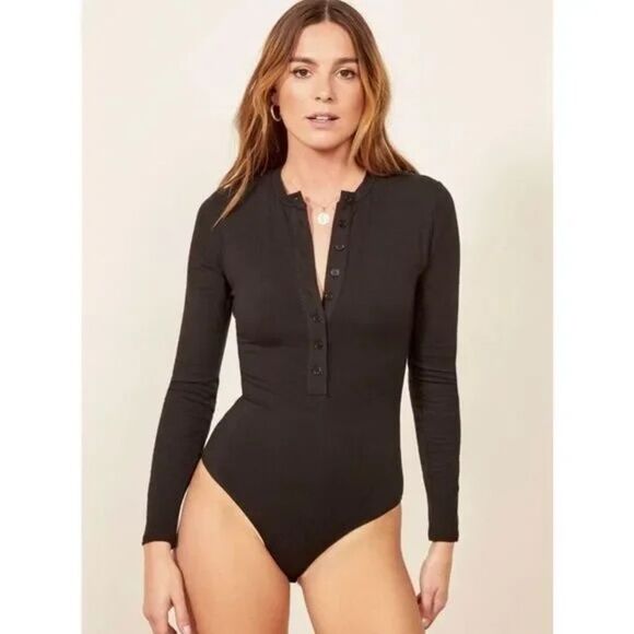 NWT Reformation Jeans Black Long Sleeve Bodysuit Sz XS - Picture 1 of 8